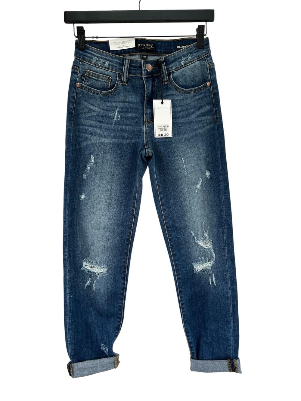 JUDY BLUE Adelene Relaxed Fit Girlfriend Cuffed Distressed NEW Blue Jeans 26